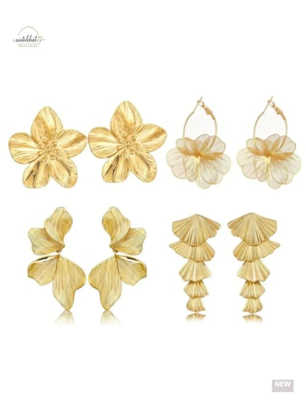 4 Pair Gold Plated Chunky Flower Leaf Hoop Dangle Earrings Set for Women
